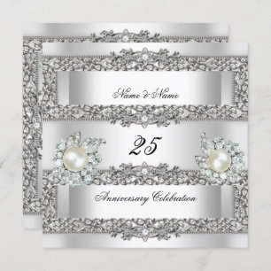 Invitation 25e anniversaire Elégant blanc Silver Pearl Lace