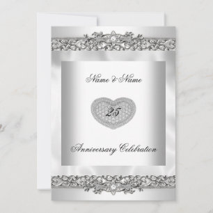 Invitation 25e Anniversaire Elégante White Silver Heart Lace