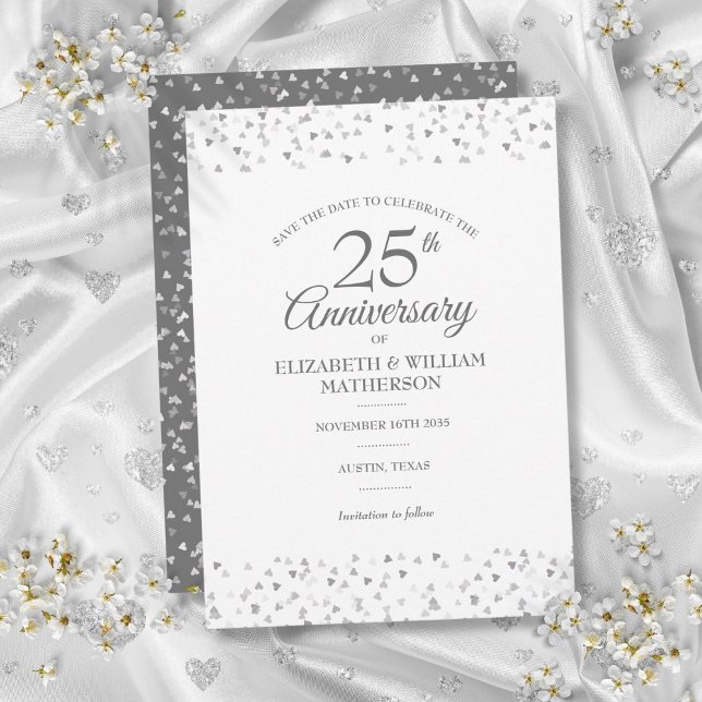 Invitation 25e Anniversaire Enregistrer la Date Cœurs Argenté (25th Anniversary Save the Date Silver Hearts Invitation)