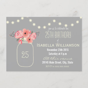 Invitation 25e anniversaire Fleurs d'aquarelle rose et Mason