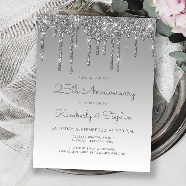 Invitation 25e anniversaire Glitter Drip Argent (Créateur téléchargé)