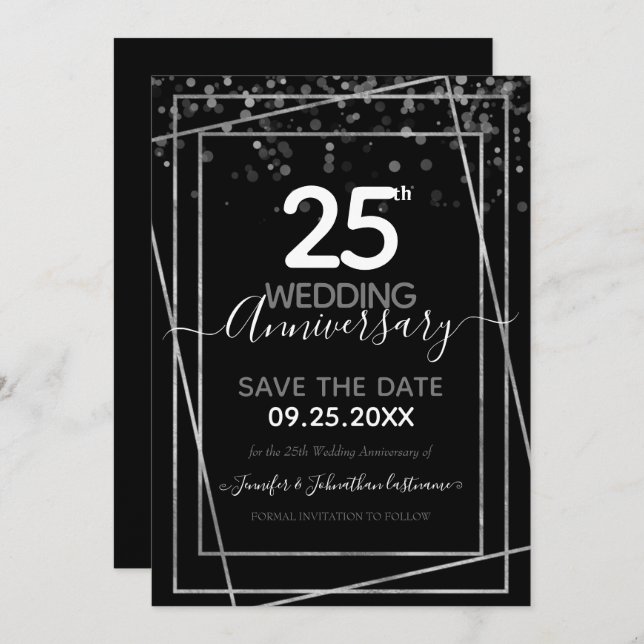 Invitation 25e anniversaire Gold Border Enregistrer la date (Devant / Derrière)