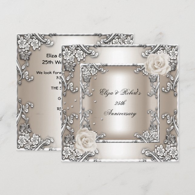 Invitation 25e anniversaire Mariage Cream Rose Silver Party (Devant / Derrière)