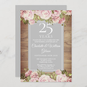 Invitation 25e anniversaire Mariage d'argent Boho Roses rusti