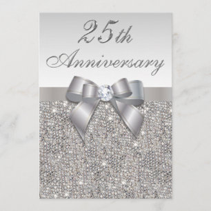 Invitation 25e anniversaire Mariage d'argent Faux Sequins & B