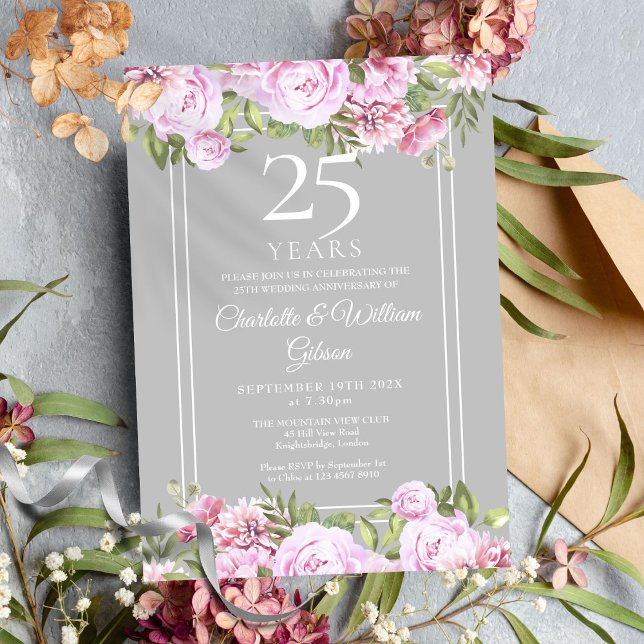 Invitation 25e anniversaire Mariage d'argent Floral Rose (25th Silver Wedding Anniversary Roses Floral Invitation)