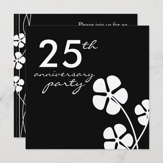 Invitation 25e anniversaire Mariage d'argent noir et blanc (Devant / Derrière)