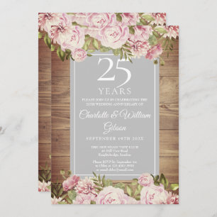 Invitation 25e anniversaire Mariage d'argent Roses rustiques
