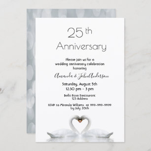 Invitation 25e anniversaire mariage deux cygnes amoureux blan