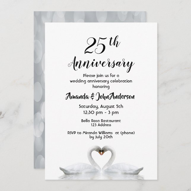 Invitation 25e anniversaire mariage deux cygnes amoureux blan (Devant / Derrière)