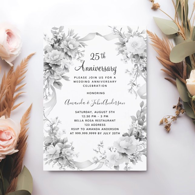Invitation 25e anniversaire mariage florals argent luxe (Créateur téléchargé)