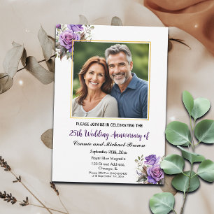 Invitation 25e anniversaire Mariage Gold Frame Roses violets