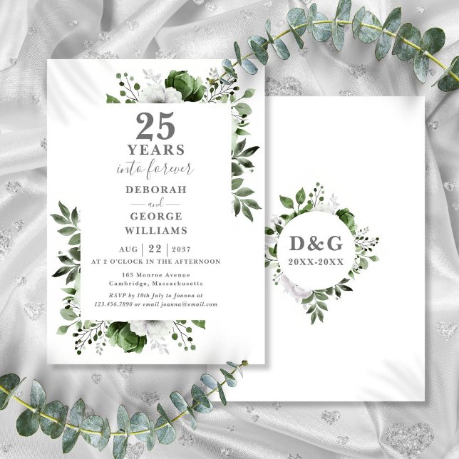 Invitation 25e anniversaire Mariage Verdure Floral Monogramme (25th Wedding Anniversary Greenery Floral Monogram Invitation)
