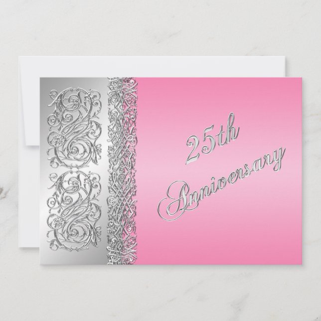 Invitation 25e Anniversaire Orné Argenté avec Rose (Devant)