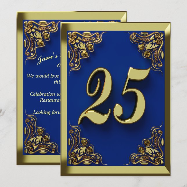 Invitation 25e anniversaire Regal Gold Blue Salutation ou (Devant / Derrière)