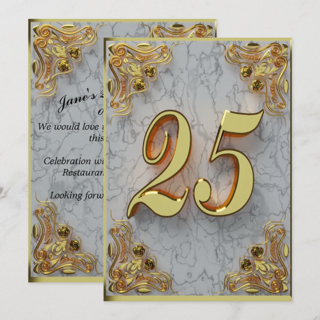 Invitation 25e anniversaire Regal Gold Marble Salutation ou (Devant / Derrière)