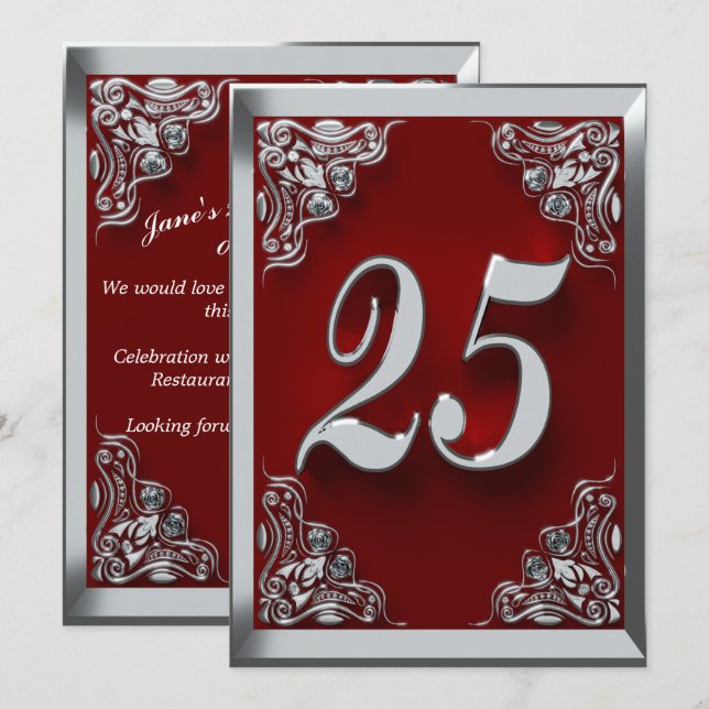 Invitation 25e anniversaire Regal Silver Red Greeting ou (Devant / Derrière)