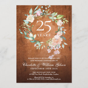 Invitation 25e anniversaire Rustic Vintage bois Roses Garland