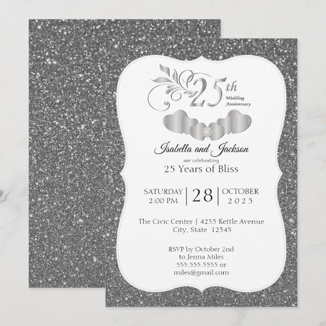 Invitation 25e Anniversaire Silver Glitter (Devant / Derrière)