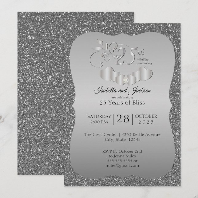Invitation 25e Anniversaire Silver Glitter (Devant / Derrière)