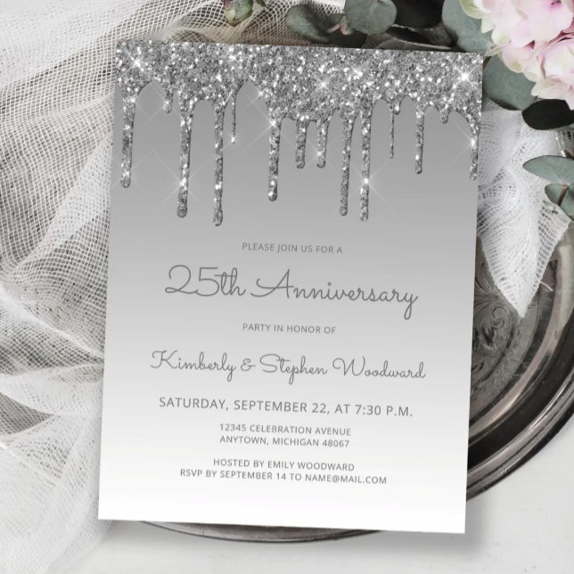 Invitation 25e anniversaire Silver Glitter Drip (Créateur téléchargé)