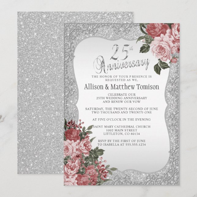 Invitation 25e anniversaire Silver Glitter | Floral Blush (Devant / Derrière)