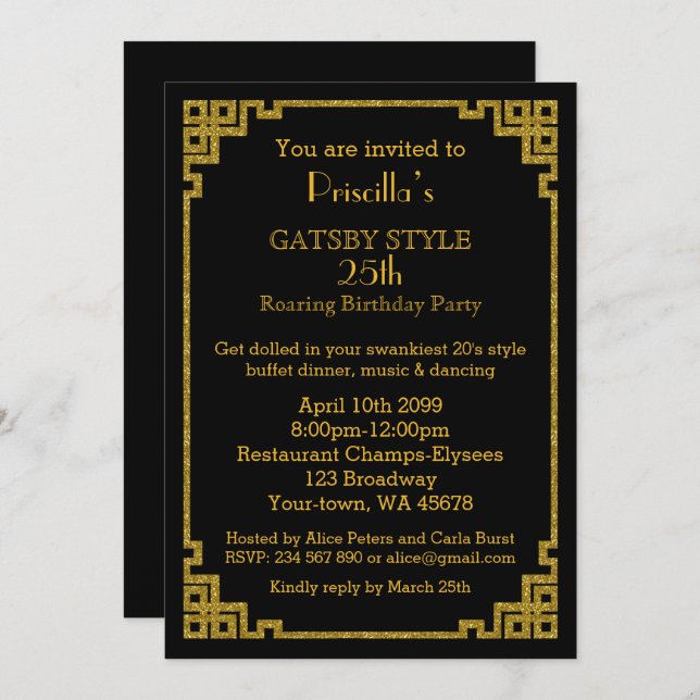 Invitation 25e anniversaire, style Gatsby, noir & or (Devant / Derrière)
