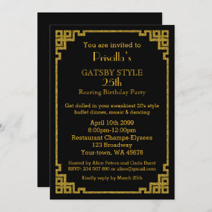 Invitation 25e anniversaire, style Gatsby, noir & or