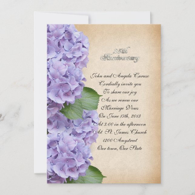 Invitation 25e anniversaire vow renouvellement hydrangea flor (Devant)