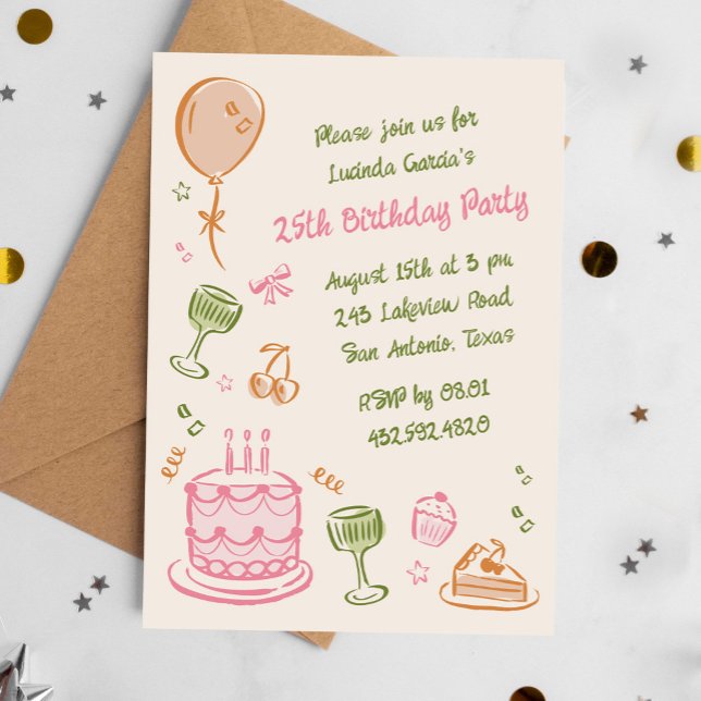 Invitation 25e Doodles colorés fête d'anniversaire (birthday party invitation for adults with whimsical hand-drawn icons)
