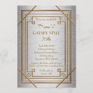 Invitation 25e, fête d'anniversaire, style Gatsby, argent & o