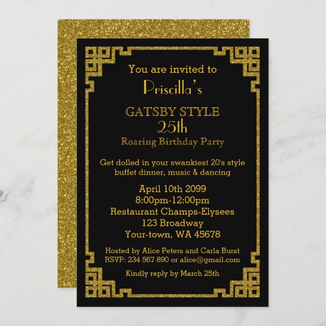 Invitation 25e, fête d'anniversaire, style Gatsby, noir & or (Devant / Derrière)