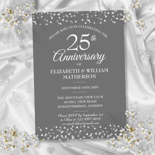 Invitation 25e mariage Anniversaire Coeurs d'argent Confetti (25th Weddding Anniversary Silver Hearts Confetti Invitation)
