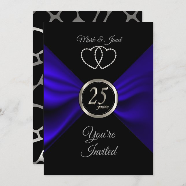 Invitation 25e Noces d'argent avec Satin Bleu (Devant / Derrière)