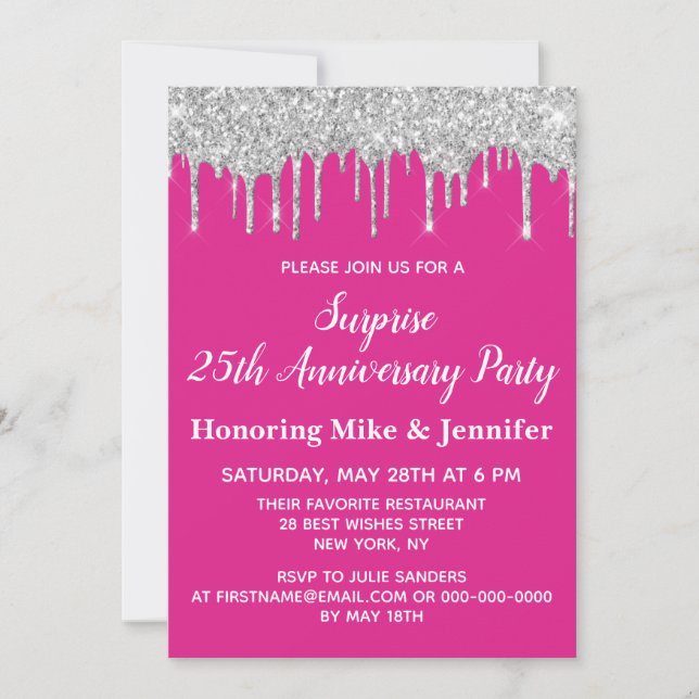 Invitation 25ème Bright Pink Silver Surprise Anniversaire (Devant)