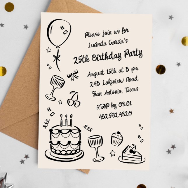 Invitation 25ème Doodle Whimsical manuscrit fête d'anniversai (scribble-style birthday party invitation for adults)