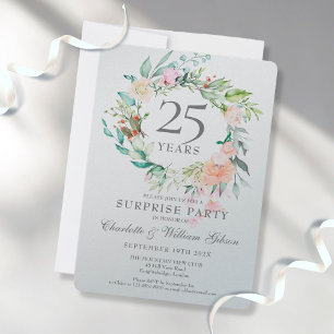 Invitation 25th Anniversary Surprise Party Floral Metallic