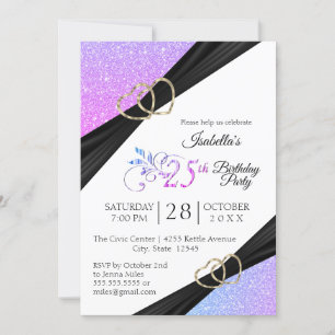 Invitation 25th Multi Color Glitter and Gold Heart Birthday