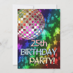 Invitation 25th party with disco ball and rainbow of stars
