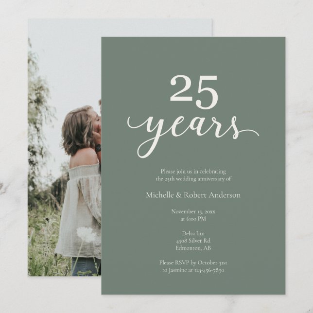 Invitation 25th wedding Anniversary Elegant Photo Sage Green (Devant / Derrière)