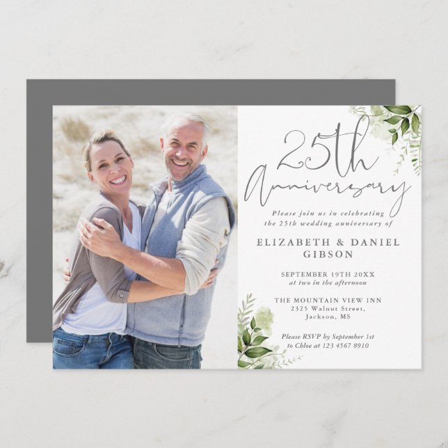 Invitation 25th Wedding Anniversary Floral Silver Photo (Devant / Derrière)