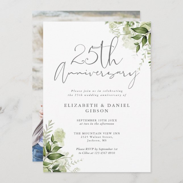 Invitation 25th Wedding Anniversary Greenery Floral Photo (Devant / Derrière)