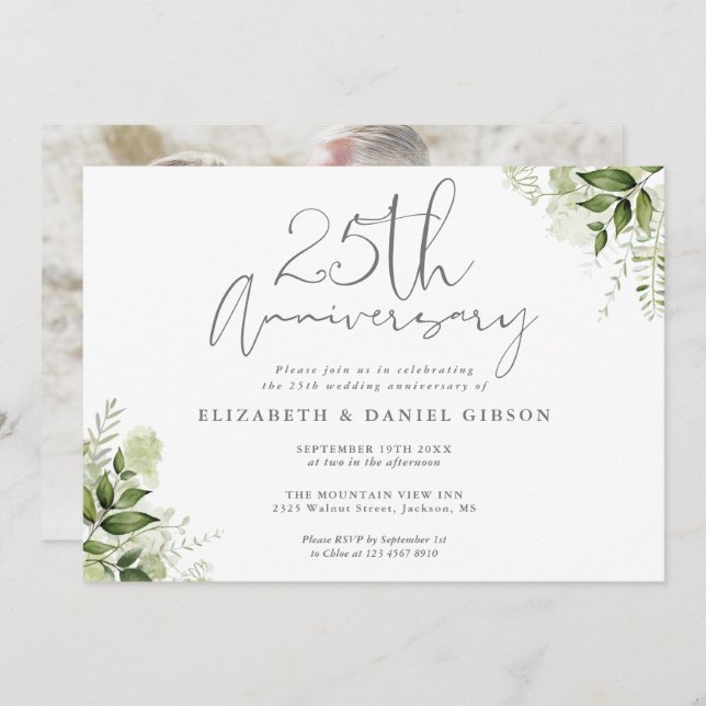 Invitation 25th Wedding Anniversary Greenery Floral Photo (Devant / Derrière)