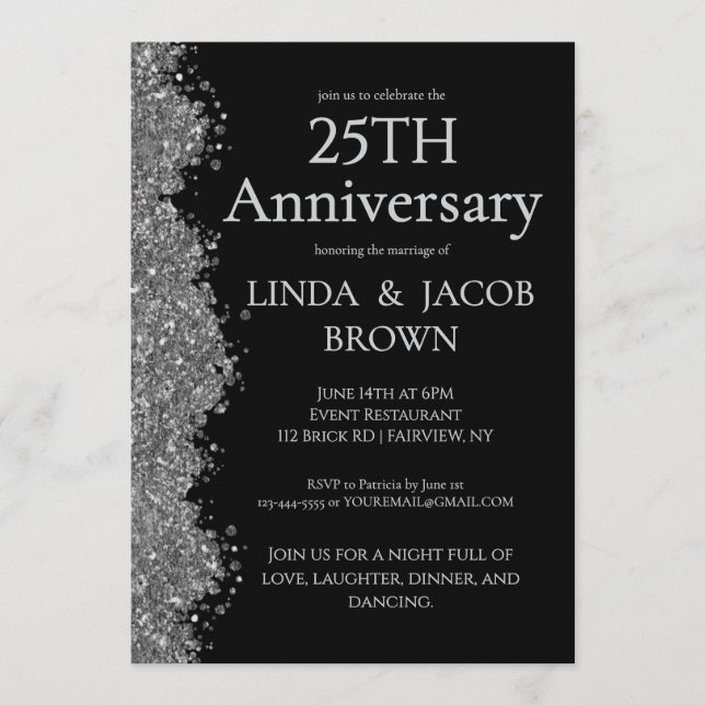 Invitation 25th Wedding Anniversary Silver Faux Glitter  (Devant)