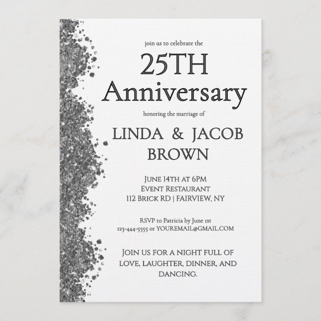 Invitation 25th Wedding Anniversary Silver Faux Glitter  (Devant)