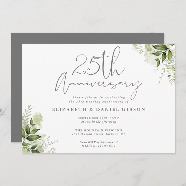 Invitation 25th Wedding Anniversary Silver Script Floral (Devant / Derrière)
