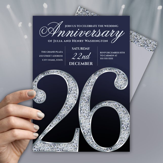 Invitation 26e Anniversaire Diamant Argent Bleu Foncé Années (Créateur téléchargé)