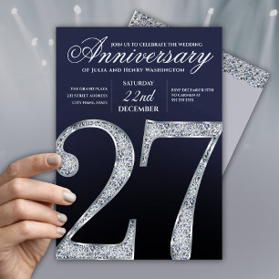 Invitation 27e Anniversaire Diamant Argent Bleu Foncé Années