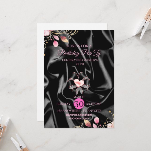Invitation 29th Pink Birthday Dinner Digital Invitation, 29 b (Devant/Arrière en situation)
