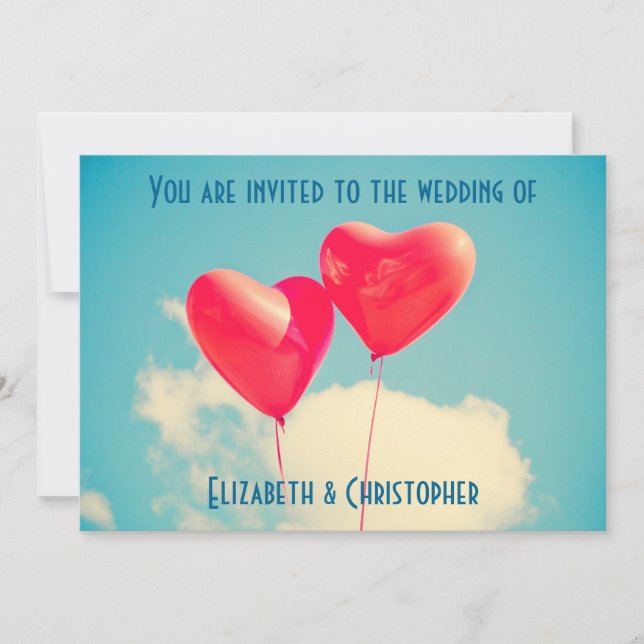 Invitation 2 ballons en forme de cœur rouge vif Mariage (Devant)